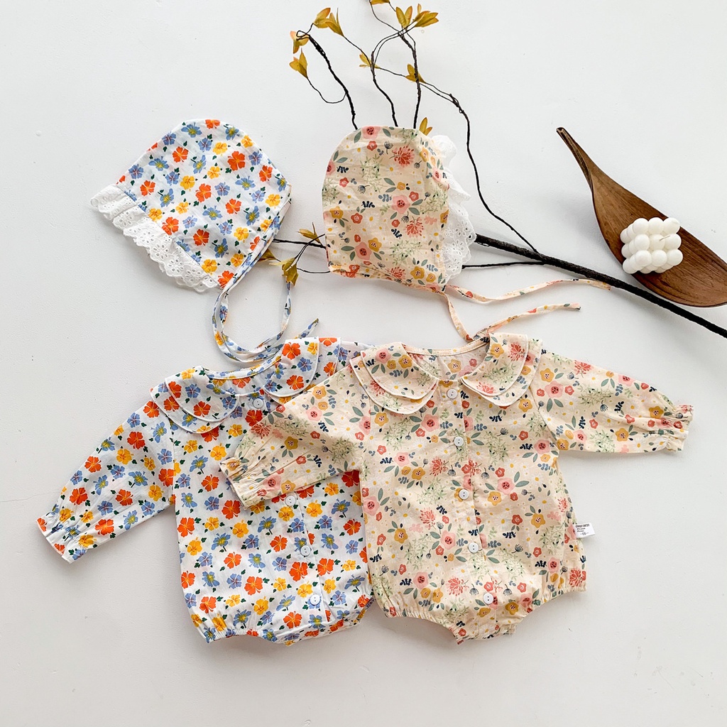 Bộ Áo Liền Quần Tay Dài In Hoa + Mũ Dễ Thương Cho Bé Gái Sơ Sinh