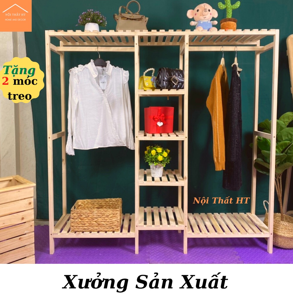 Kệ/Tủ Treo Quần Áo 3 Khoang Gỗ Đa Năng,Giá Treo Quần Áo Gỗ Thông - DECOR HT