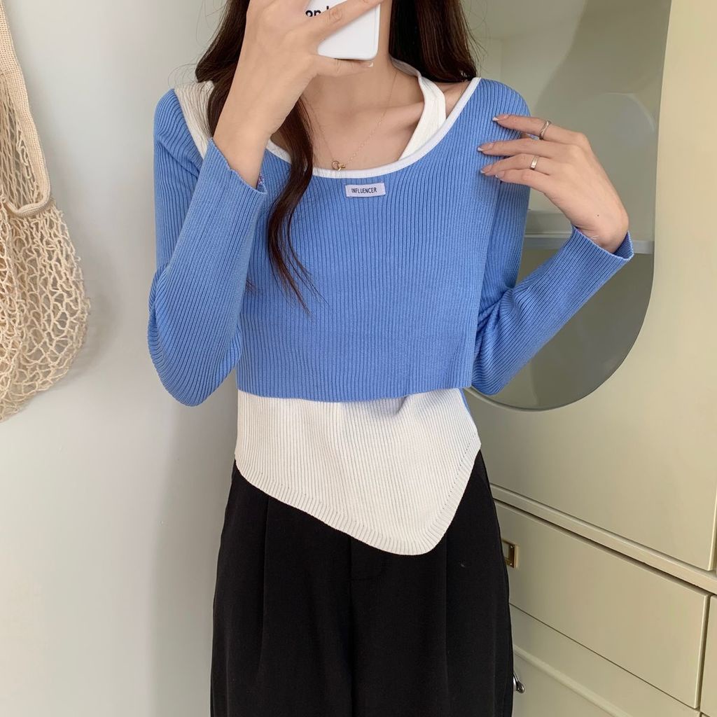 Áo Thun Dài Tay Giả Hai Lớp Phong Cách Hàn Quốc Thời Trang Mùa Thu Mới Cho Nữ