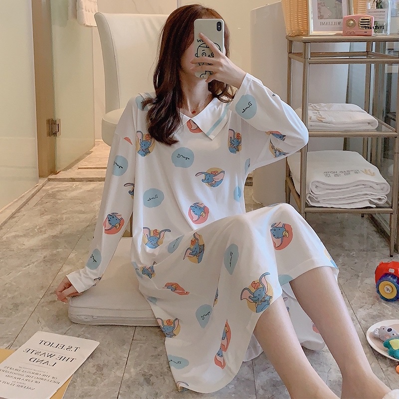 Đầm Ngủ Cotton Tay Dài In Hình Chú Voi Dumbo Dễ Thương Phong Cách Hàn Quốc Thời Trang Cho Nữ