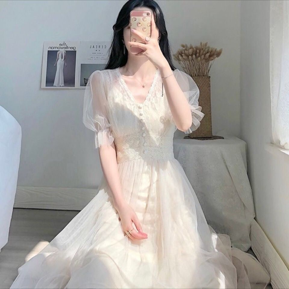 Đầm Dự Tiệc Tay Ngắn Phối Lưới Thời Trang Mùa Hè