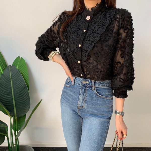 SUXI Áo Sơ Mi Tay Dài Cổ Đứng Phối Ren Đơn Giản Thanh Lịch Dành Cho Nữ