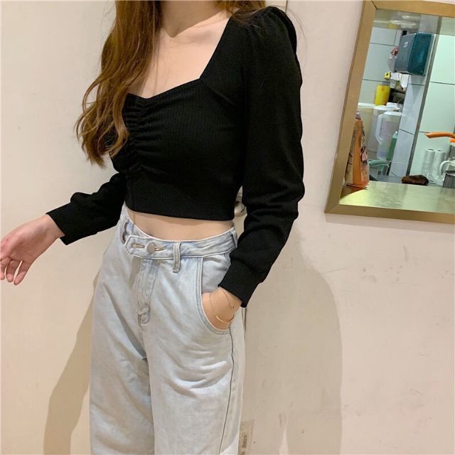 Áo Croptop Dài Tay Nhún Ngực Quyến Rũ Tuyết's House