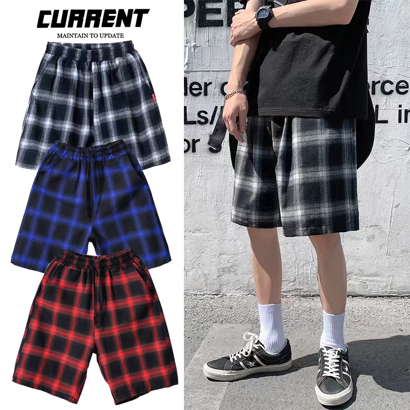 (M-XXXL) Quần short kẻ sọc thông thường dành cho nam, Quần short thể thao rộng rãi kiểu Hồng Kông, Quần đi biển Five Poi