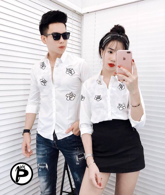 Áo sơ mi cặp thời trang họa tiết hoa rơi