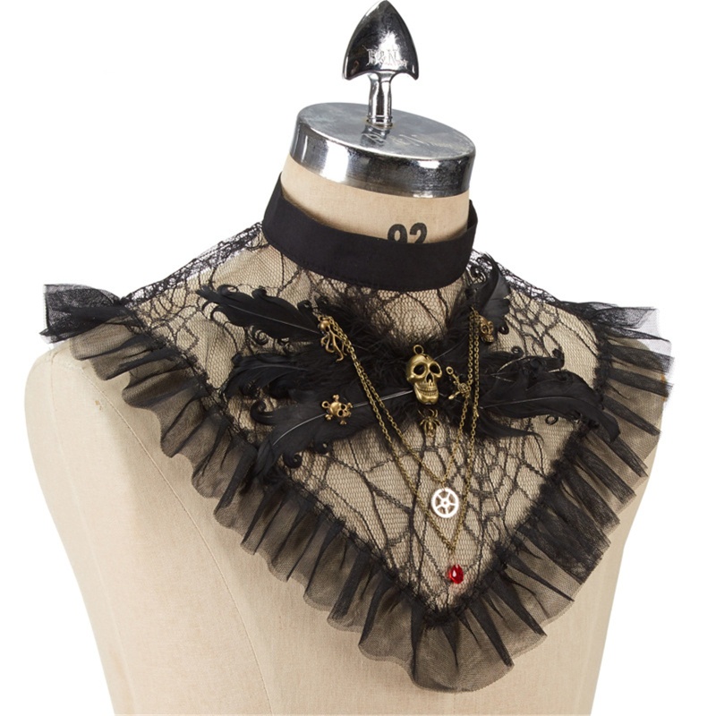 Áo Cổ Lọ Nhún Bèo Màu Đen Phong Cách Steampunk Cho Nữ