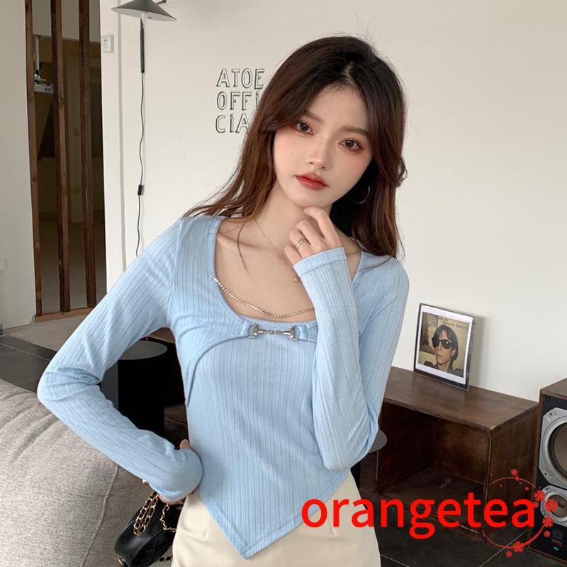 Áo Croptop Tay Dài Cổ Chữ U Màu Sắc Thời Trang Cho Nữ