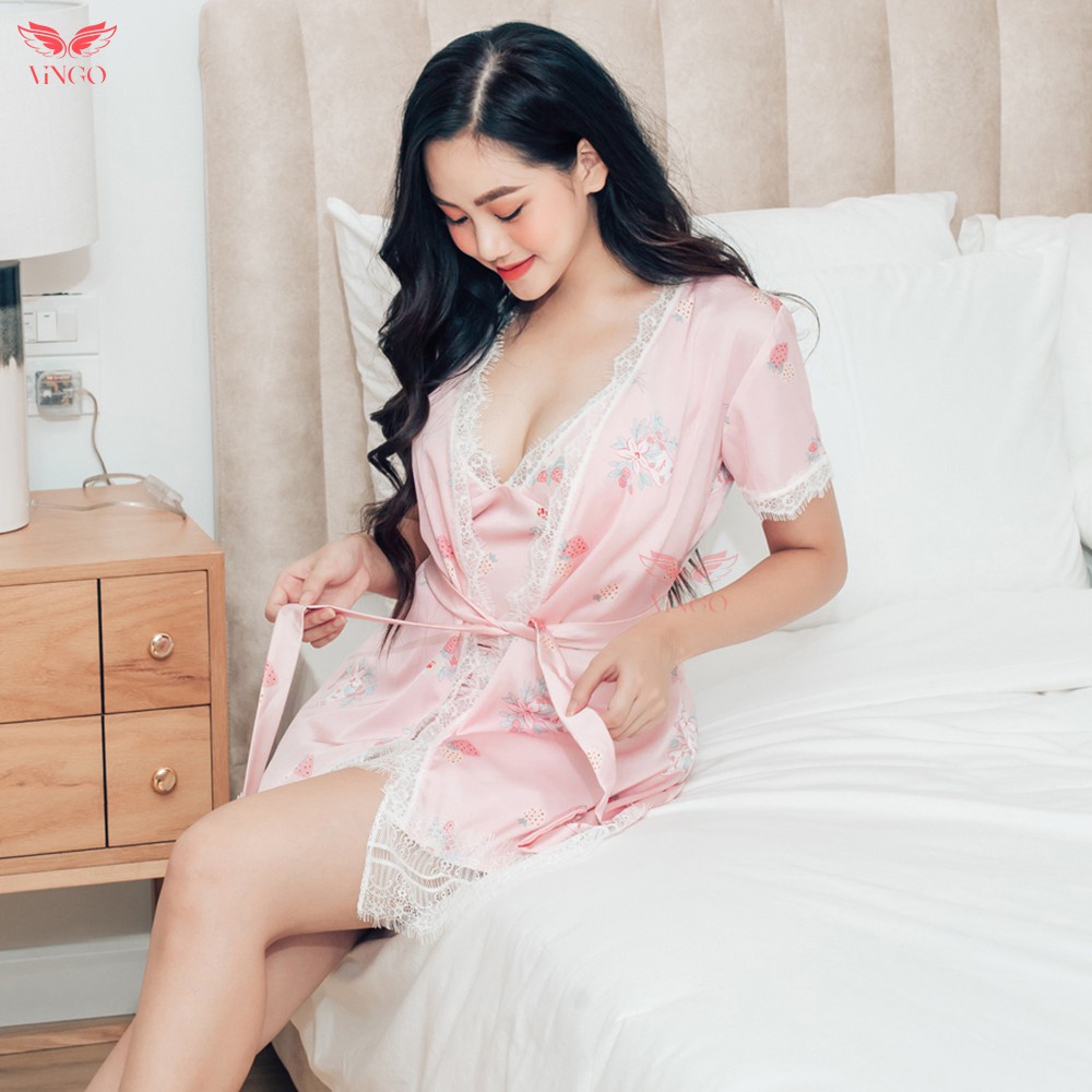 Áo choàng nữ áo ngủ lụa VINGO tay ngắn viền phối ren kèm dây buộc màu hồng thiết kế Vingo AC12 VNGO | BigBuy360 - bigbuy360.vn