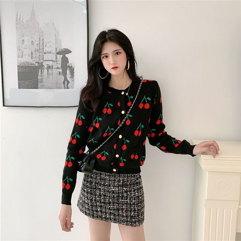 Set đồ 2 món áo sweater dài tay phối chân váy in họa tiết hoa nữ tính cho nữ