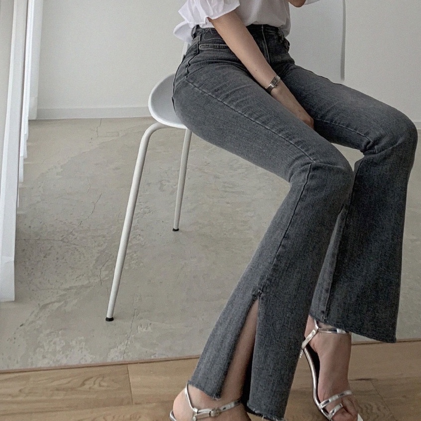 Quần jean dài cạp cao, quần jean xẻ gấu,quần jean ống loe, quần jean tua phong cách_j13
