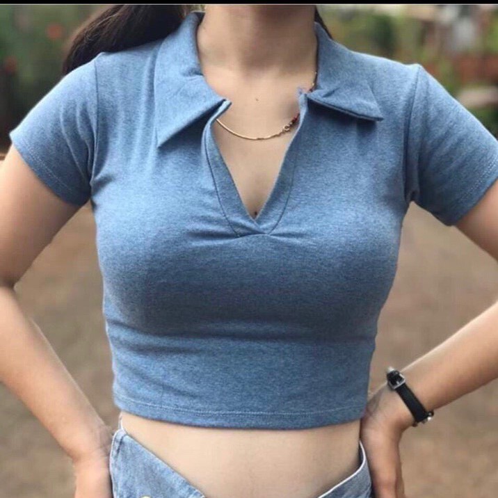 Áo croptop cổ bẻ polo trơn xinh