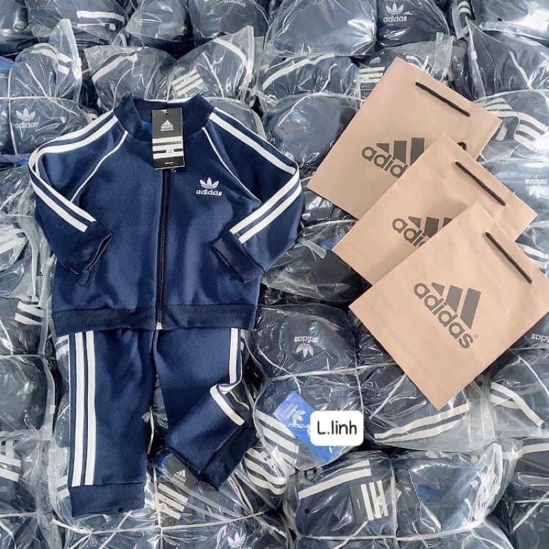 Bộ thể thao adidas xuất dư chất umi xanh than kéo khoá trẻ em ba sọc