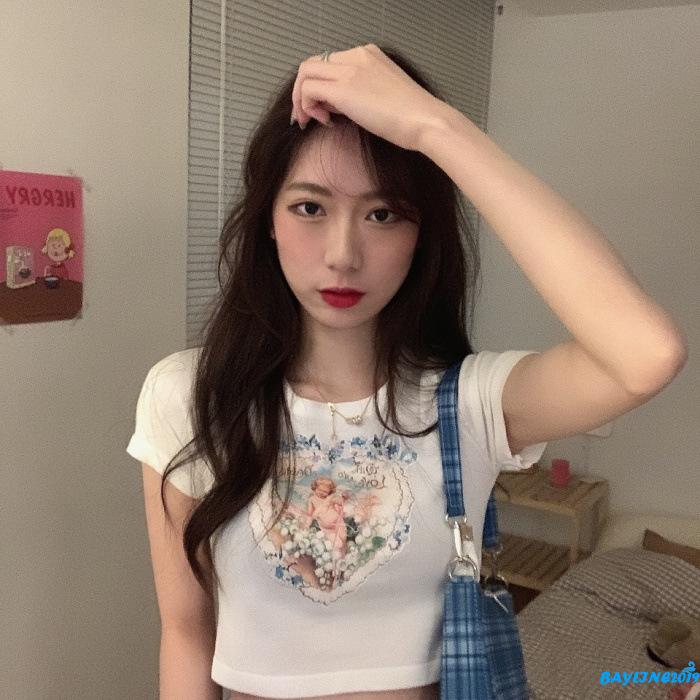 Áo Croptop Tay Ngắn In Hình Thiên Thần Xinh Xắn Cho Nữ