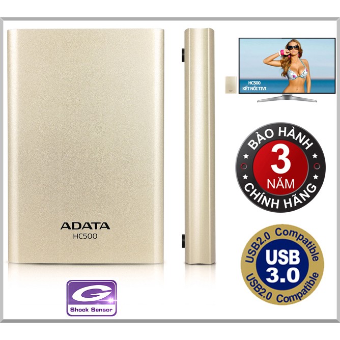 Ổ cứng di động 1TB 3.0 Lưu trữ Tivi ADATA HC500 (Vàng) - Chính hãng