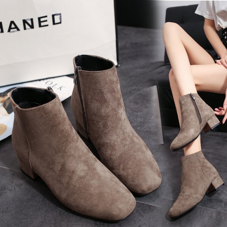 Giày bốt da lộn gót vừa dày phong cách Hàn Quốc thời trang mùa thu 2019 mới
