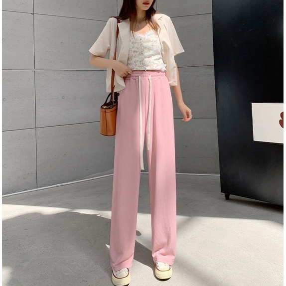 Quần dài đi biển lưng cao ống rộng màu trơn phối dây rút ống rộng thời trang dành cho nữ mùa hè