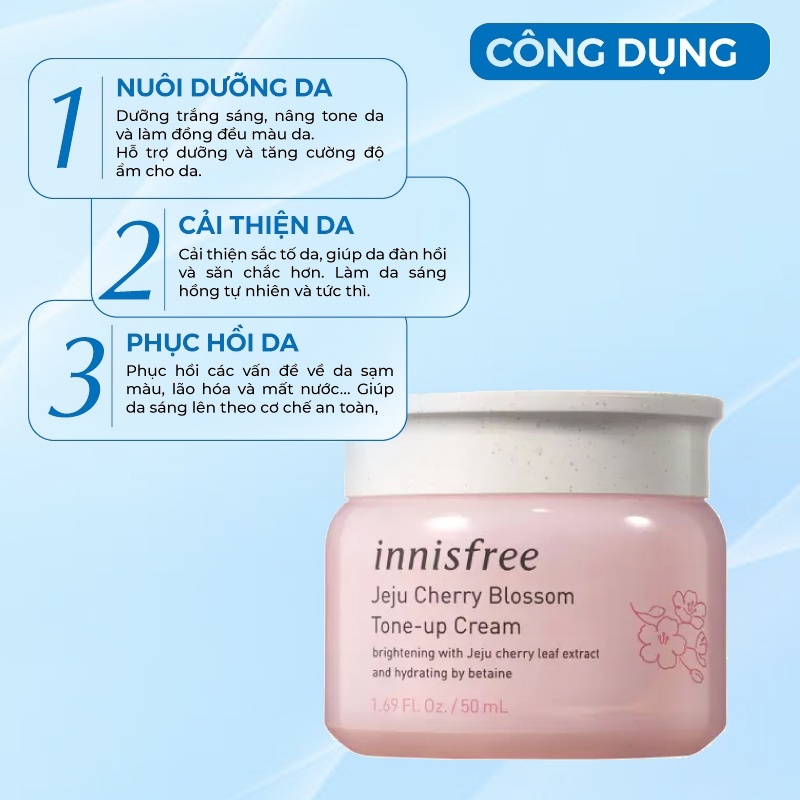 Kem Trắng Da Dưỡng Ẩm Nâng Tone Chiết Xuất Từ Hoa Anh Đào Đảo Jeju Innisfree Cherry Blossom Tone Up Cream Hàn Quốc 50ml