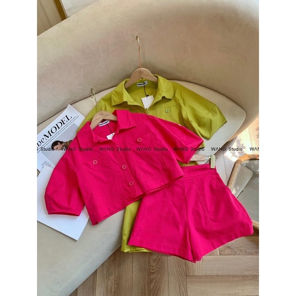 Set áo sơ mi tay ngắn croptop kèm quần short