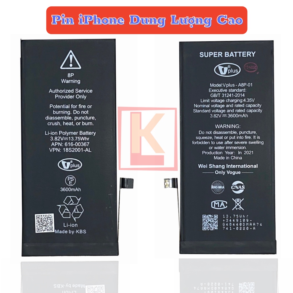 Pin iphone dung lượng cao KBS 5s/ 6/ 6s/ 6plus/ 6splus/ 7/ 7plus/ 8/ 8plus/ x, chính hãng, không nóng máy-Bảo hành 12T