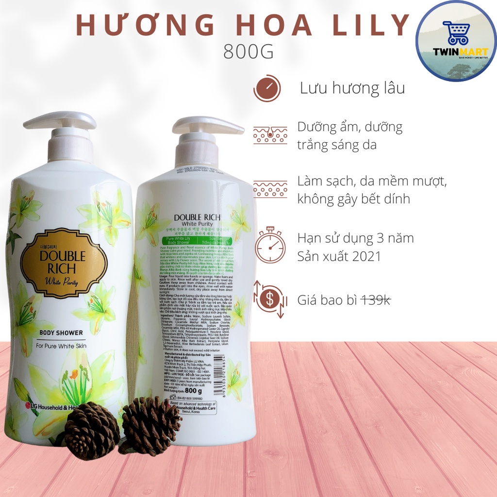 [2 chai] Sữa Tắm Hương Hoa Double Rich 800g Body Shower - Hàn Quốc - hương Hoa Lily