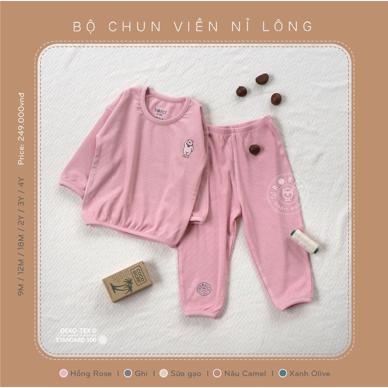 Bộ dài tay nỉ lông viền chun Hrnee ấm áp cho bé