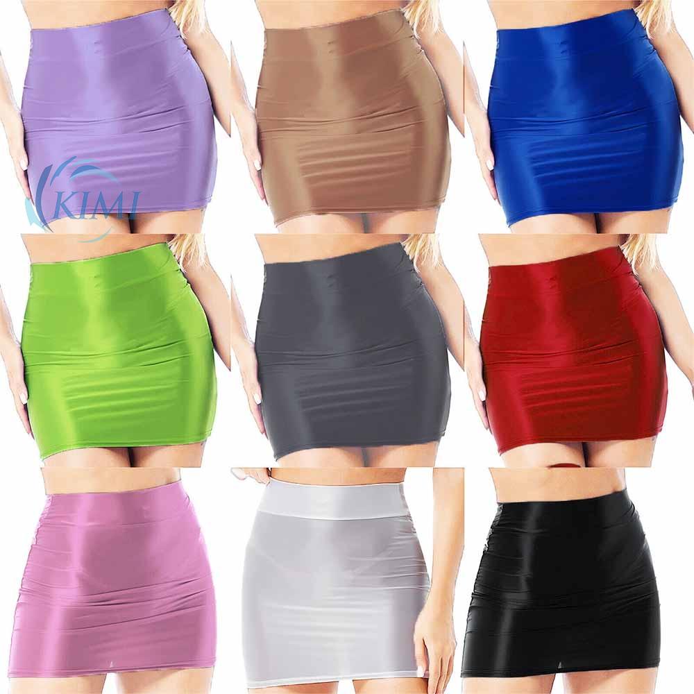 KIMI-Sexy Women\'s Oil Glossy Solid Pencil Bodycon Skirt High Waist Miniskirt Clubwear