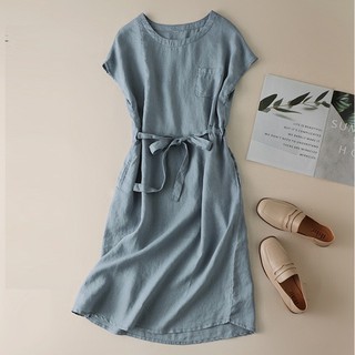 Đầm suông cổ thuyển tay hến rút eo SLINEN, chất vải Linen bột Premium, form suông không kén dáng.