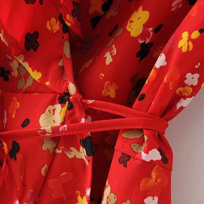 Đầm tay ngắn cổ chữ V hoạ tiết phong cách Bohemian