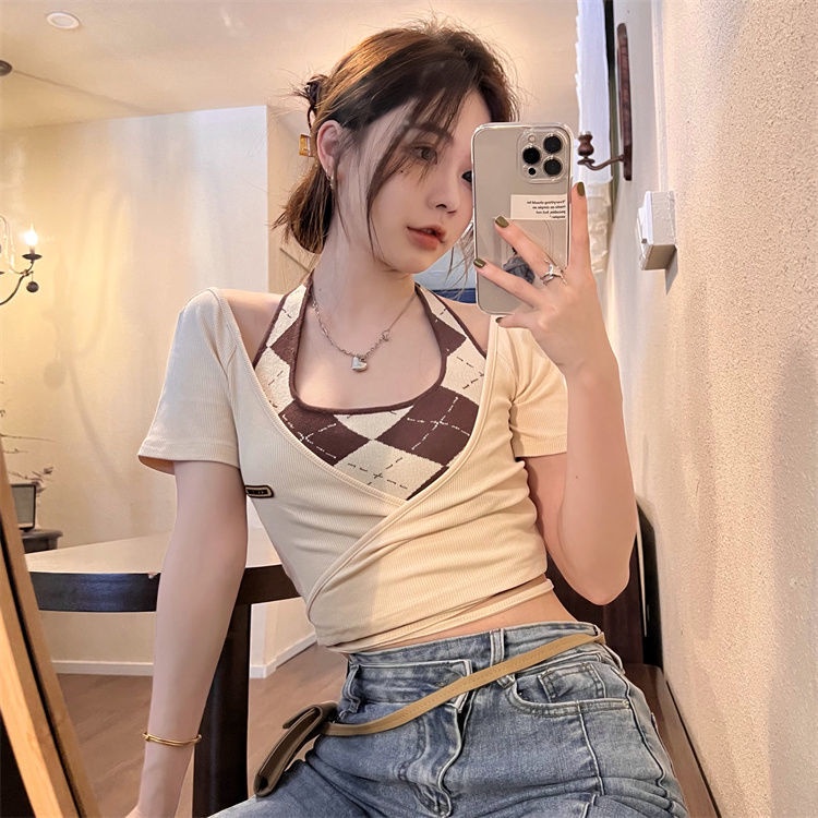 COZOK Set Áo Thun Tay Ngắn + Áo Hai Dây Đan Chéo Thời Trang Dành Cho Nữ