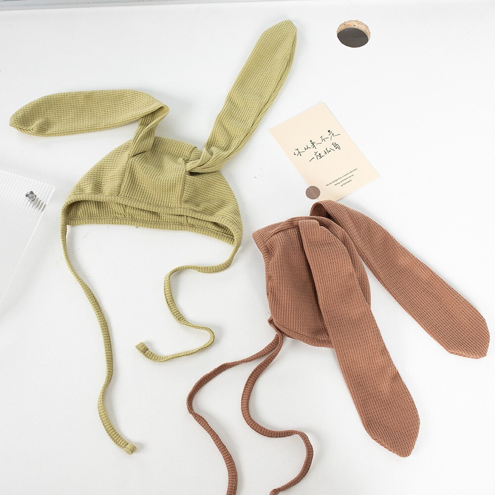 Mũ Beanie Dệt Kim Tai Thỏ Dài Mềm Mại Màu Trơn Có Dây Đeo Dành Cho Trẻ Sơ Sinh