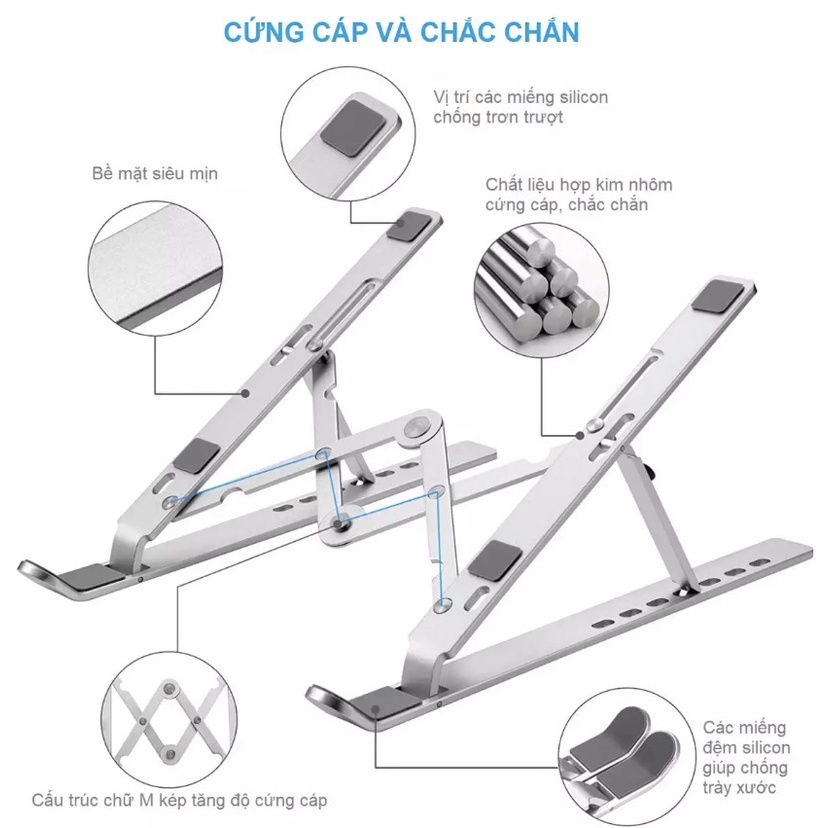 Giá Đỡ Laptop, Máy Tính Xách Tay,Thiết Kế Bằng Hợp Kim Nhôm Điều Chỉnh 7 Cấp Độ Xếp Gọn, Tiện Lợi Chịu Lực Siêu Tốt