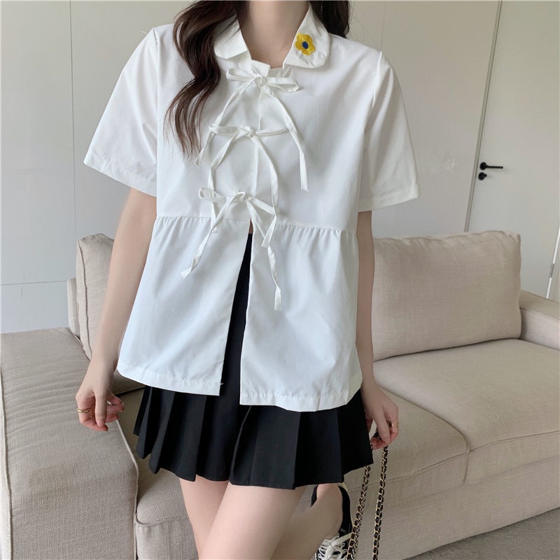 Áo Sơ Mi Cổ Búp Bê Tay Ngắn Thắt Dây Thời Trang Mùa Hè Mới Cho Nữ