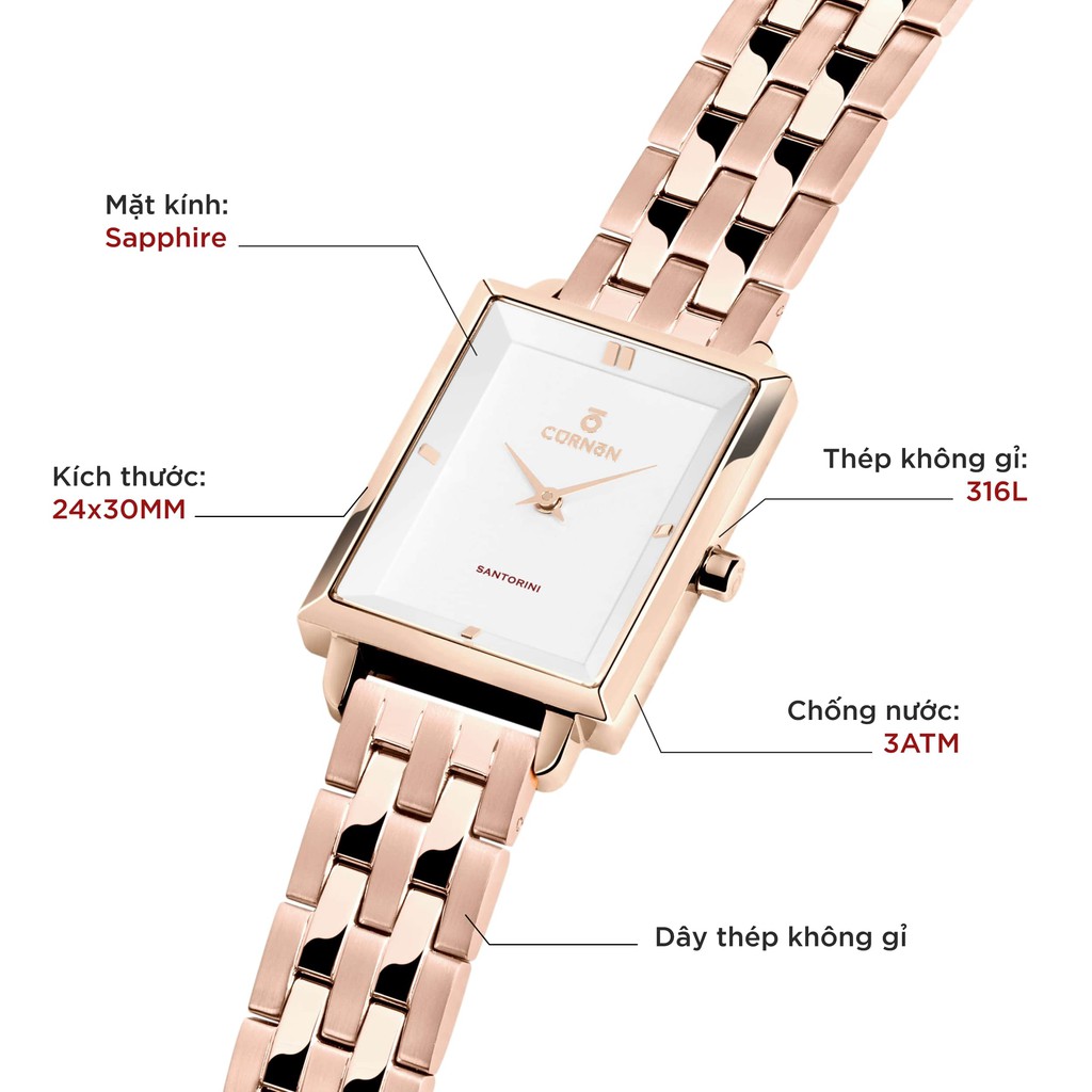 Đồng hồ nữ Curnon Santorini Hera dây kim loại chính hãng, kèm mặt chữ nhật cá tính
