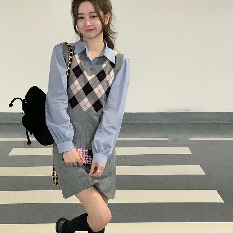 ❀Cô Gái Nghệ Thuật ☞ Váy Dệt Kim Kẻ Sọc Kim Cương ☜ Nữ Mùa Thu Và Mùa Đông Trường Đại HọcvCổ Áo ♡ Không Tay Váy Dài