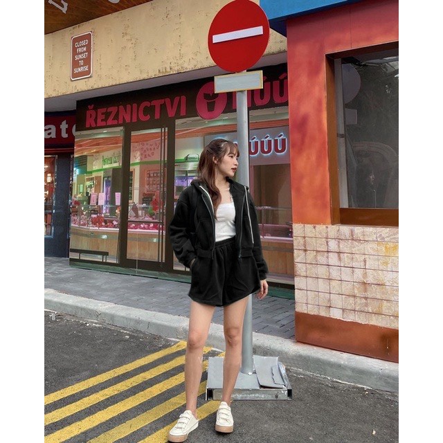 Set hoodie nỉ kéo khóa có mũ mix quần short nữ phong cách thể thao khỏe khoắn