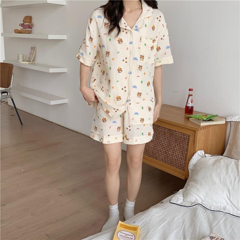 Bộ đồ ngủ FDS họa tiết gấu hoạt hình thời trang mùa hè xinh xắn cho nữ