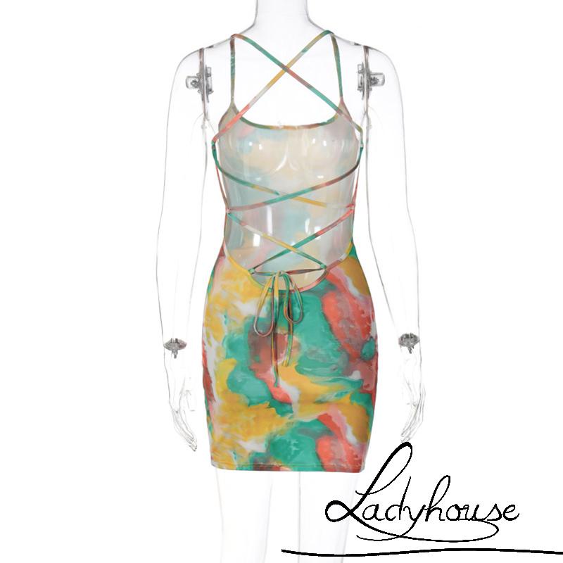 Đầm không tay dáng ôm Hở Lưng Cắt Sâu Nhuộm Họa Tiết Màu Loang Thời Trang Mùa Hè Cho Nữ