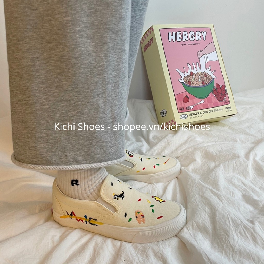 Giày lười slip on hoạ tiết thêu nhí phong cách Ulzzang dành cho nữ mã 1116 - Kichi Shoes