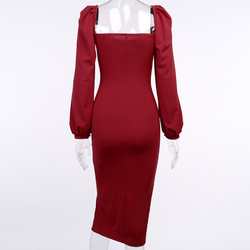 Fashion Women Slim Square Neck Plain Long Sleeve Split Party Elegant Midi Dress | BigBuy360 - bigbuy360.vn