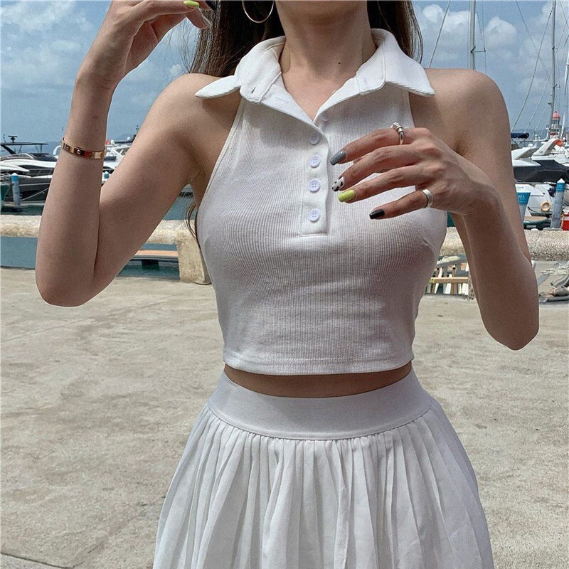 Áo croptop kiểu hở lưng cổ bẻ phối cúc phong cách gợi cảm màu đen trắng | BigBuy360 - bigbuy360.vn