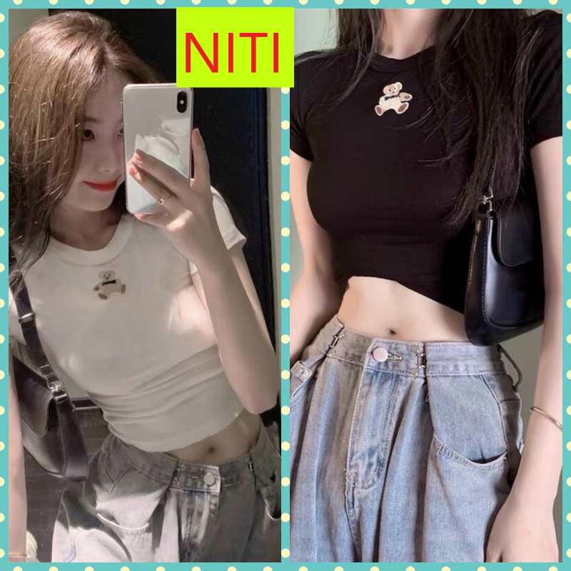 [ ĐỐI SÁCH ] ÁO CROPTOP KIỂU LỬNG NỮ NGẮN TAY CON GẤU NGỰC MÀU TRẮNG MÀU ĐEN SIÊU PHONG CÁCH CAO CẤP NITI CUỐN HÚT