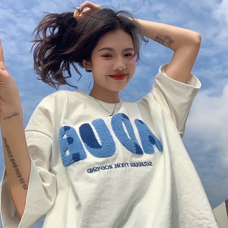 Porozi Áo thun  cổ tròn thêu chữ phong cách Hàn Quốc cho nữ