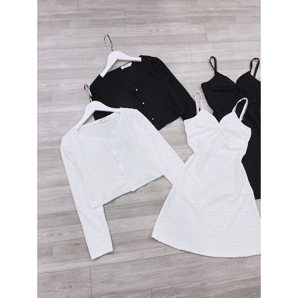 Set xốp váy xoắn mix cardigan rời
