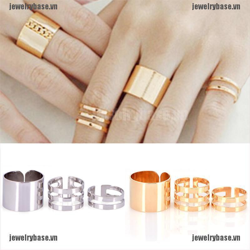 [Base] 3Pcs/Set Punk Stack Plain Band Knuckle Midi Mid Finger Open Rings Set Jewelry [VN]