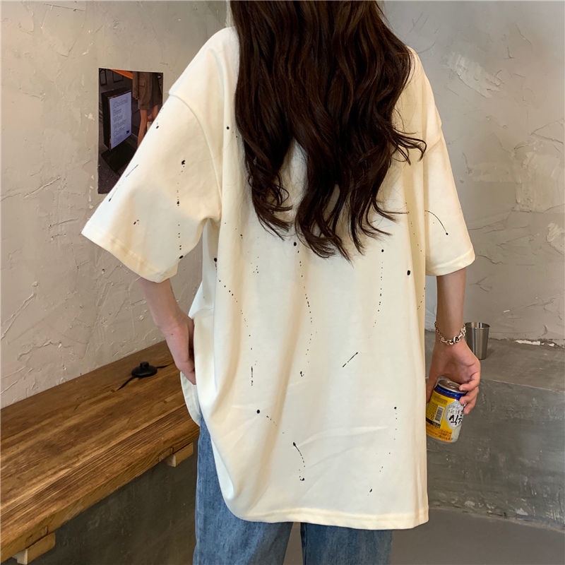 Áo Thun Cotton Ngắn Tay Dáng Rộng In Trái Tim Phối Màu Nhuộm Thời Trang Mùa Hè Hàn Quốc Cho Nữ