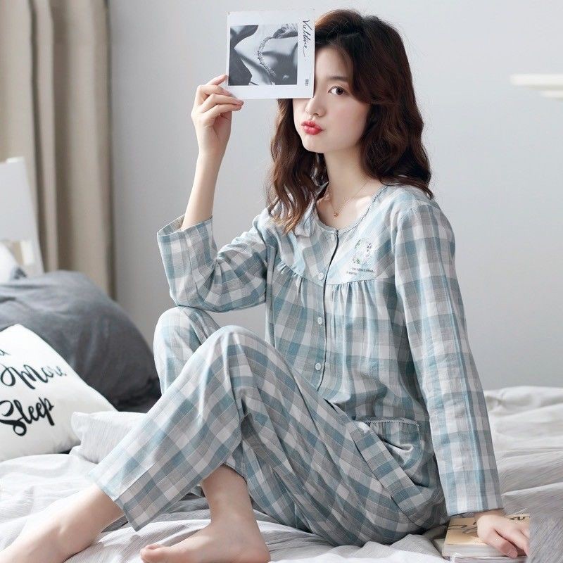 > Bộ đồ ngủ dành cho phụ nữ cotton dài tay bà mẹ trung niên và rộng rãi cộng với size phục vụ tại nhà