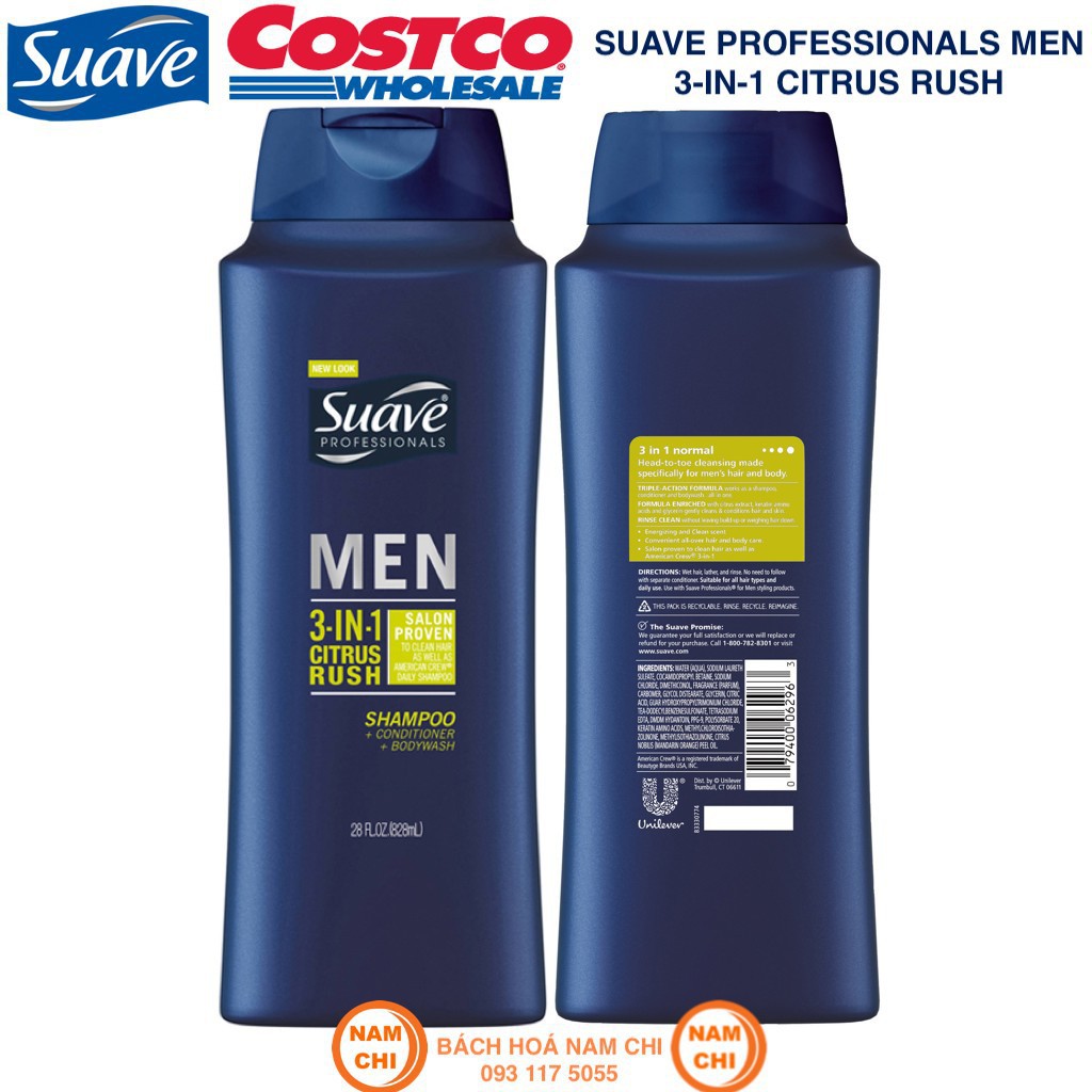 Dầu Tắm Gội Xả SUAVE MEN 3in1 CITRUS RUSH Professionals Men 828ml - USA