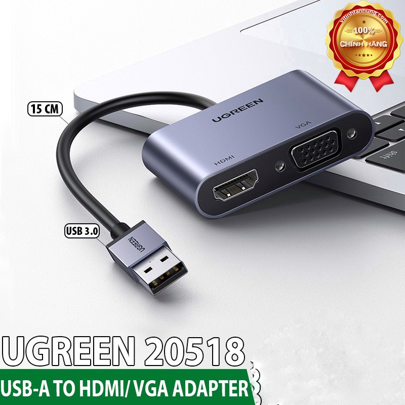 Cáp Chuyển USB Sang HDMI/ VGA Ugreen 20518 - USB 3.0 To HDMI và VGA Converter - Hàng Chính Hãng