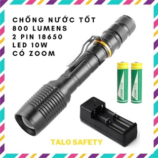 Đèn pin siêu sáng chip led T6 2 pin sạc 18650 có zoom, chống nước tốt