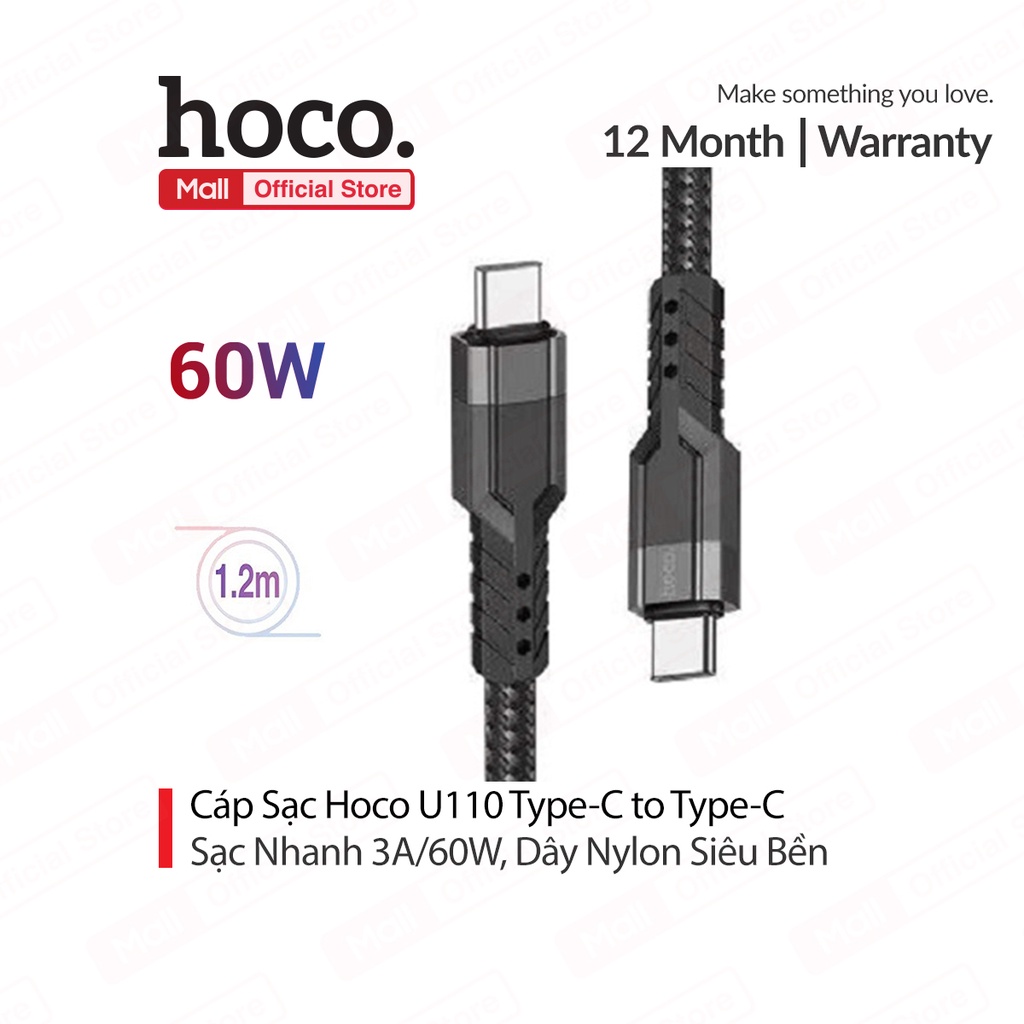 Cáp sạc 3A/60W Hoco U110 Type-C to Type-C dây Nylon siêu bền dài 1.2M cho Android